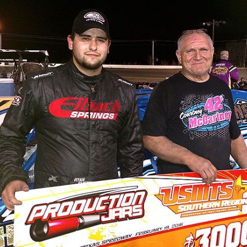 Ryan and Roger in victory lane after winning the USMTS feature on Friday, Feb. 19, at the Heart O' Texas Speedway in Elm Mott, Texas.